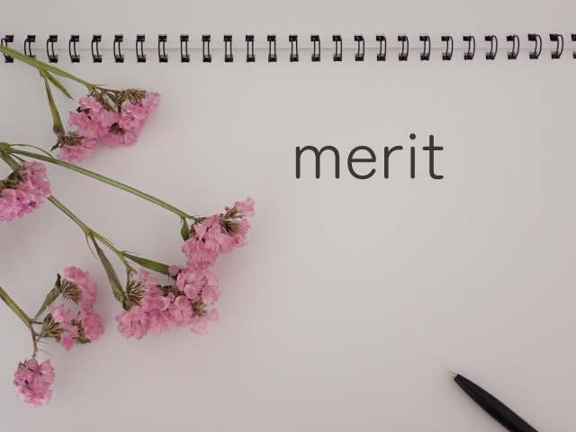 MERITの文字列とピンクの花